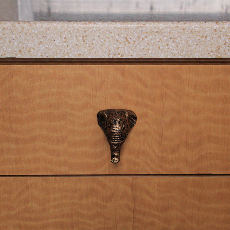 Set of 6 Antique Gold Finish Cast Iron Elephant Head Cabinet Knobs Decorative Drawer Pulls - 2 Inches Tall, Easy Install -