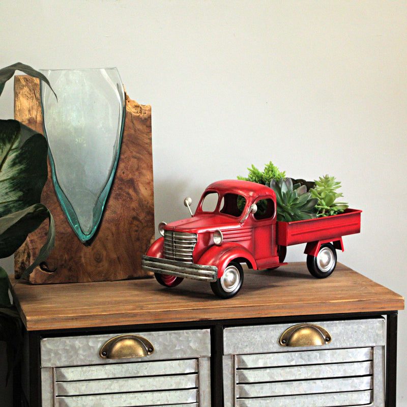Metal Truck Planter, 14 Inch Rustic Red Vintage Pickup Image 5