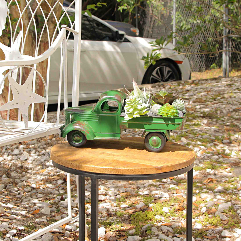 Metal Antique Truck Planter - Vintage Green, 14 Inches Long, Rustic Indoor/Outdoor Decor, Durable Weathered Finish, Charming