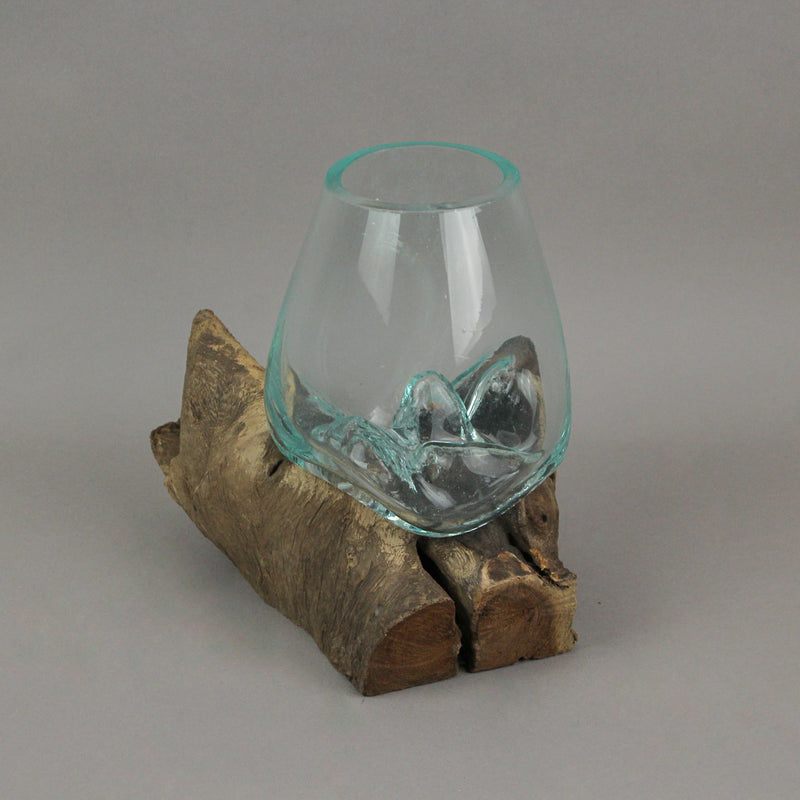 Handcrafted Melted Glass and Teak Driftwood Centerpiece Bowl / Sculpture- Unique 7-Inch Earthy Artistry for Succulents,