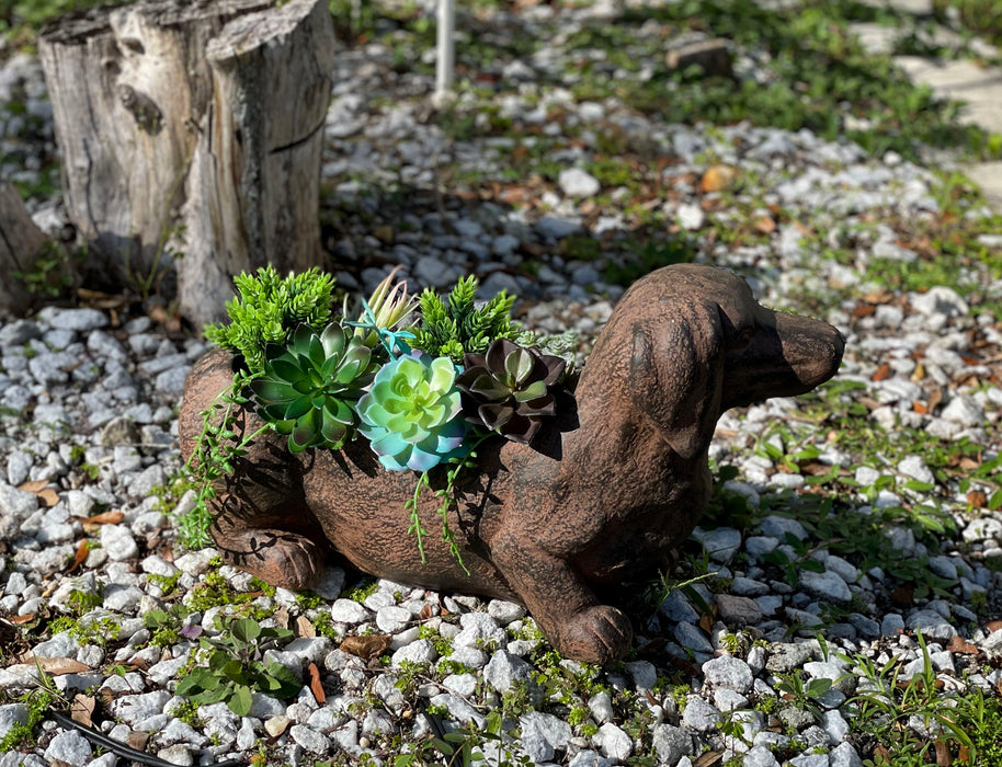 Brown - Image 4 - Whimsical Dachshund Dog Resin Planter: Rustic Brown Finish, Indoor-Outdoor Decor, 20 Inches Long,