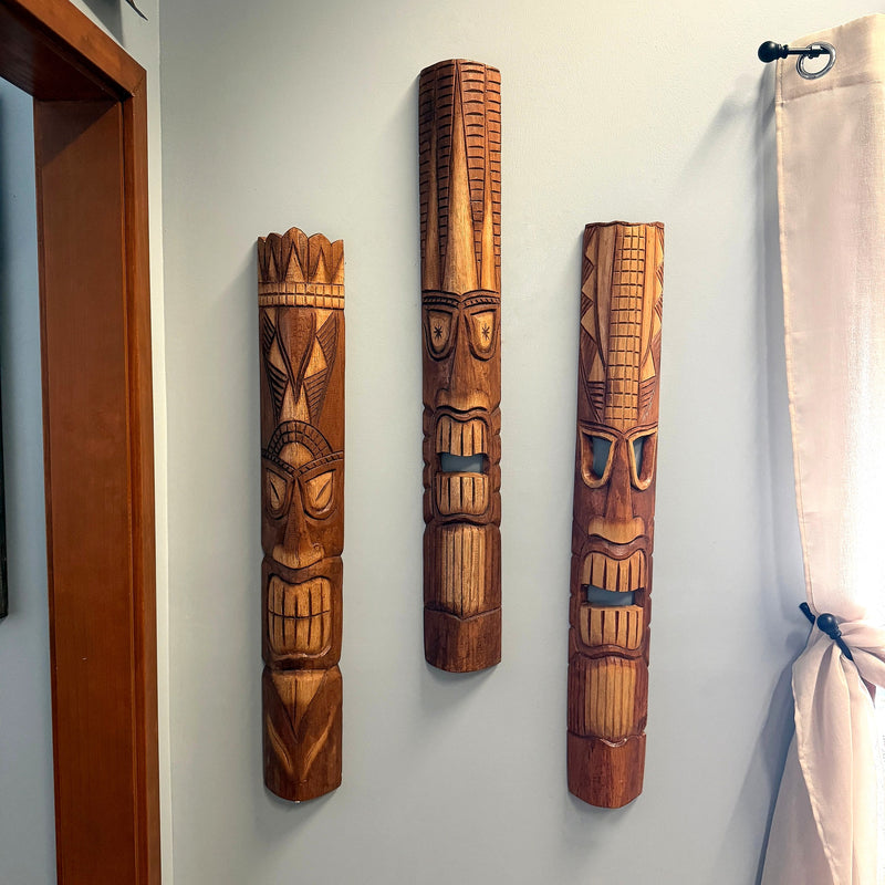 Set of 3 Tiki Mask Wall Sculptures, Hawaiian Gods, 40 Inch Image 4