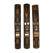 Set of 3 Tiki Mask Wall Sculptures, Brown Polynesian Wood, 40 Inch Image 1