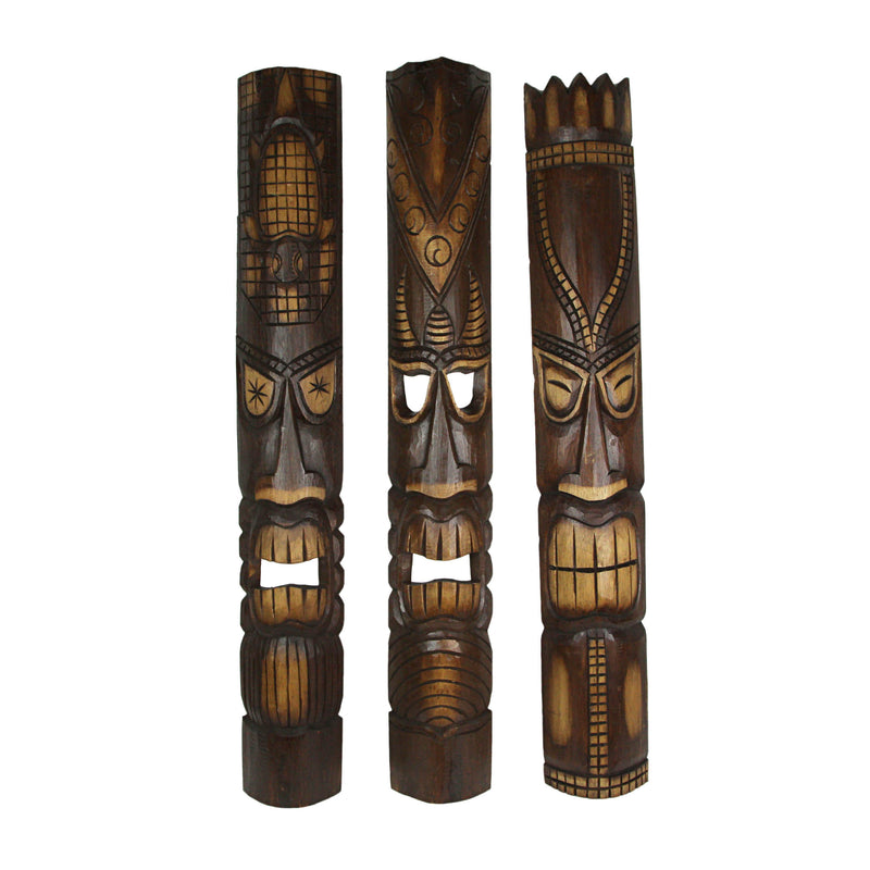 Set of 3 Tiki Mask Wall Sculptures, Brown Polynesian Wood, 40 Inch Image 1