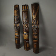 Set of 3 Tiki Mask Wall Sculptures, Brown Polynesian Wood, 40 Inch Image 2