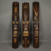 Set of 3 Tiki Mask Wall Sculptures, Brown Polynesian Wood, 40 Inch Image 3