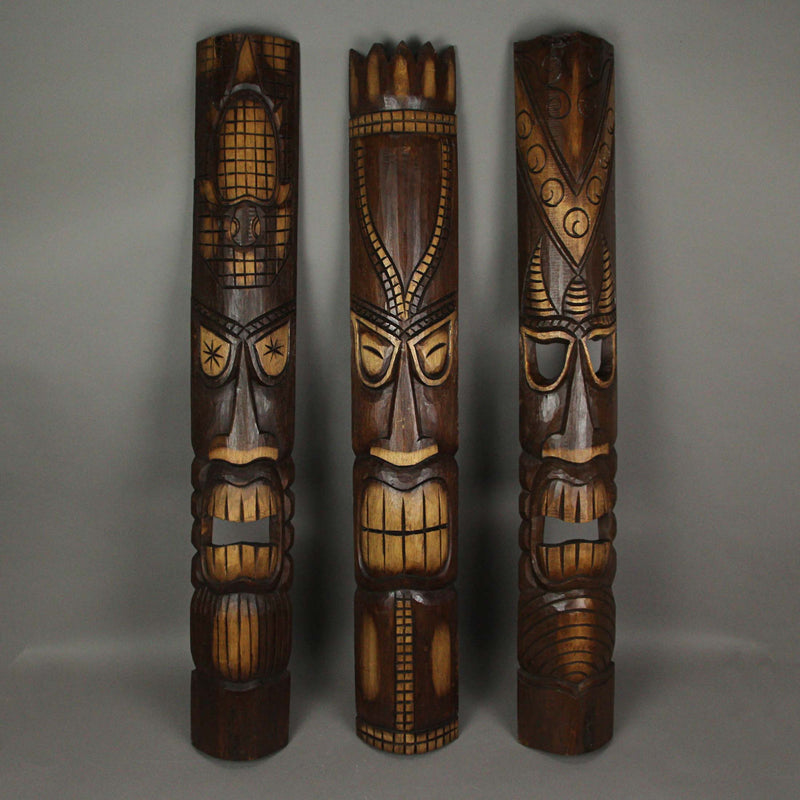 Set of 3 Tiki Mask Wall Sculptures, Brown Polynesian Wood, 40 Inch Image 3