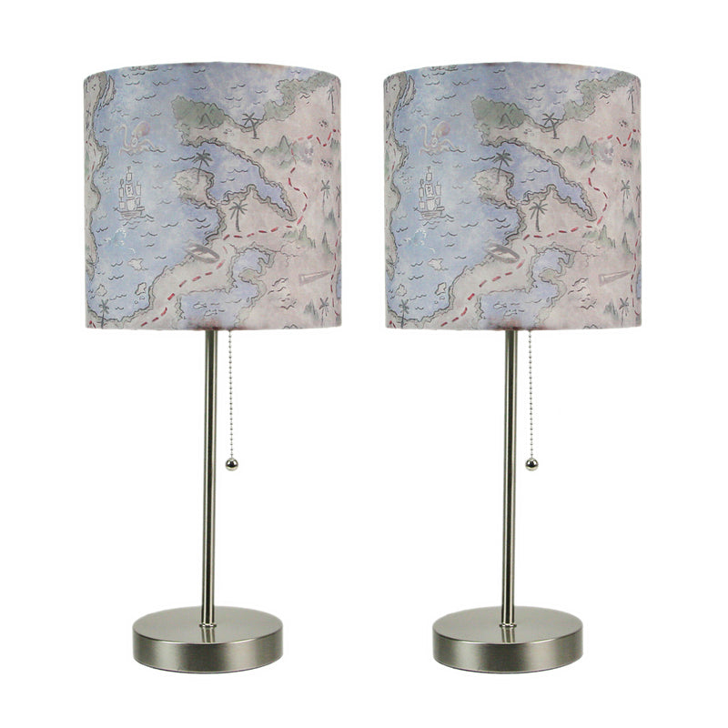 Set of 2 Decorative Treasure Map Brushed Nickel Accent Lamps for Nautical and Beach-Themed Living Spaces - 19 Inches Tall -
