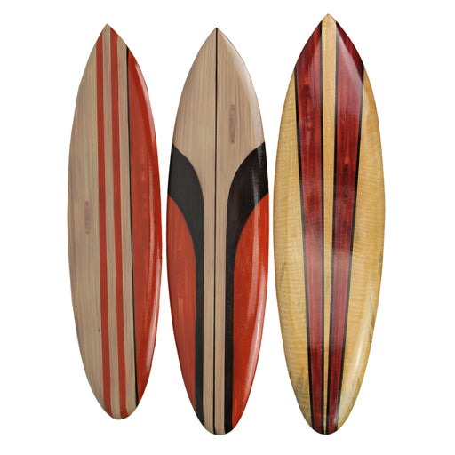 Set of 3 Hand-Carved Painted Striped Wood Surfboard Wall Hangings - Beach Decor Art Accent Pieces - Each 32 Inches Long -