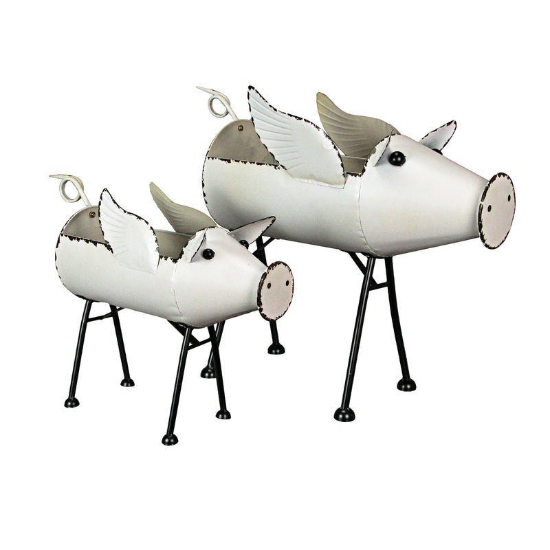 White - Image 1 - Set of 2 Flying Pig Planters, 23.5 Inch Aged White Painted Metal