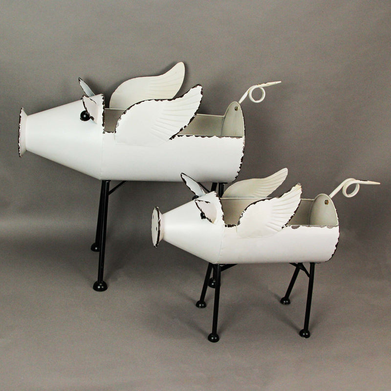 White - Image 2 - Set of 2 Rustic White Finish Metal Flying Pig Standing Planters For Herbs and Flowers - Charming