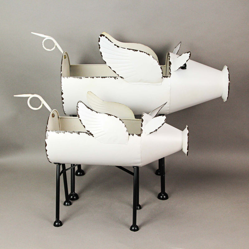 White - Image 5 - Set of 2 Rustic White Finish Metal Flying Pig Standing Planters For Herbs and Flowers - Charming