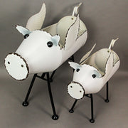 White - Image 6 - Set of 2 Rustic White Finish Metal Flying Pig Standing Planters For Herbs and Flowers - Charming