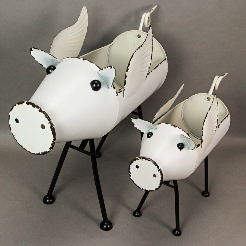 White - Image 6 - Set of 2 Rustic White Finish Metal Flying Pig Standing Planters For Herbs and Flowers - Charming