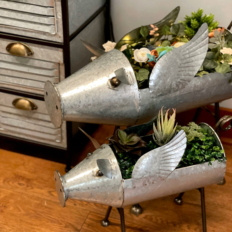 Flying Silver - Image 7 - Set of 2 Flying Pig Planters, 23.5 Inch Distressed Galvanized Gray Metal