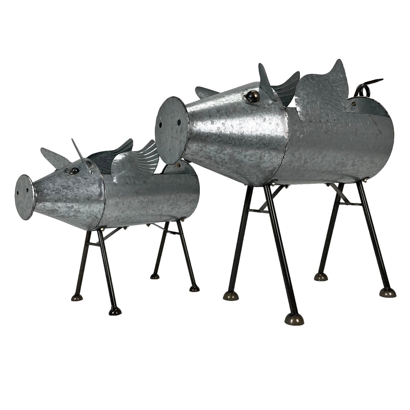 Flying Silver - Image 3 - Set of 2 Flying Pig Planters, 23.5 Inch Distressed Galvanized Gray Metal
