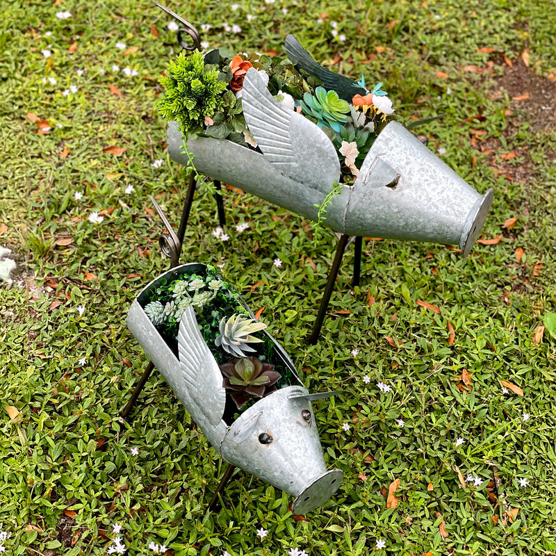 Flying Silver - Image 4 - Set of 2 Flying Pig Planters, 23.5 Inch Distressed Galvanized Gray Metal