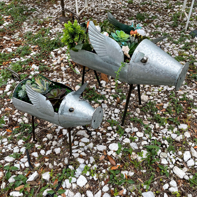 Flying Silver - Image 6 - Set of 2 Flying Pig Planters, 23.5 Inch Distressed Galvanized Gray Metal