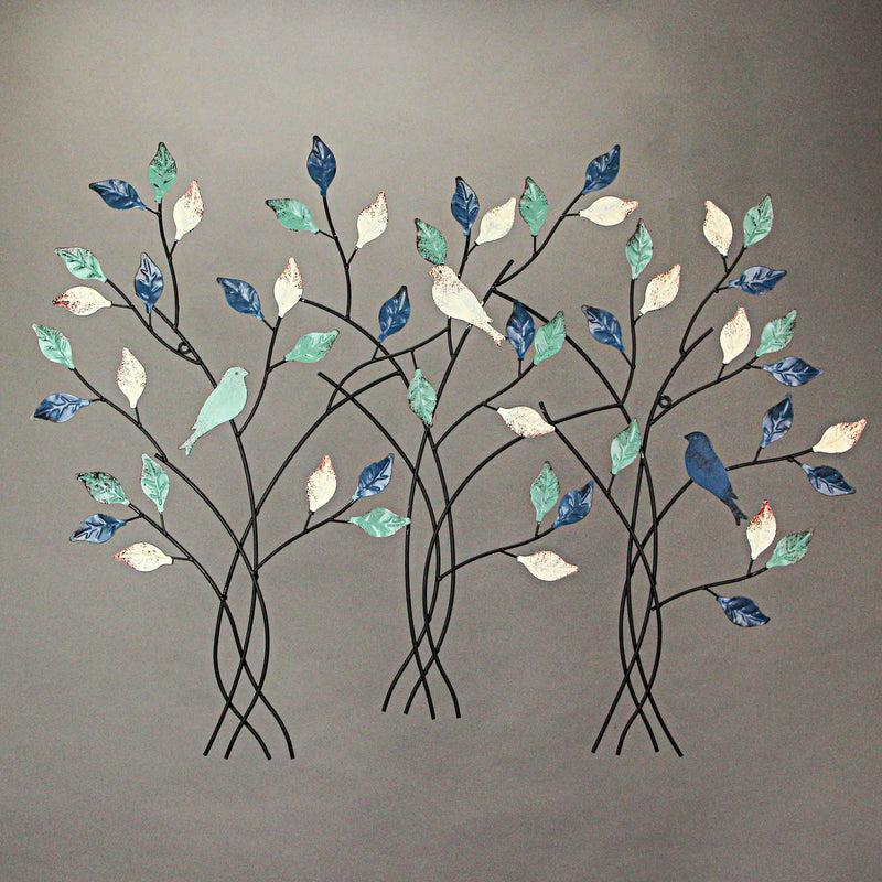 32-Inch Blue, White, and Green Metal Tree Wall Sculpture - Easy Install - Nature-Inspired Art for Indoor and Outdoor Home