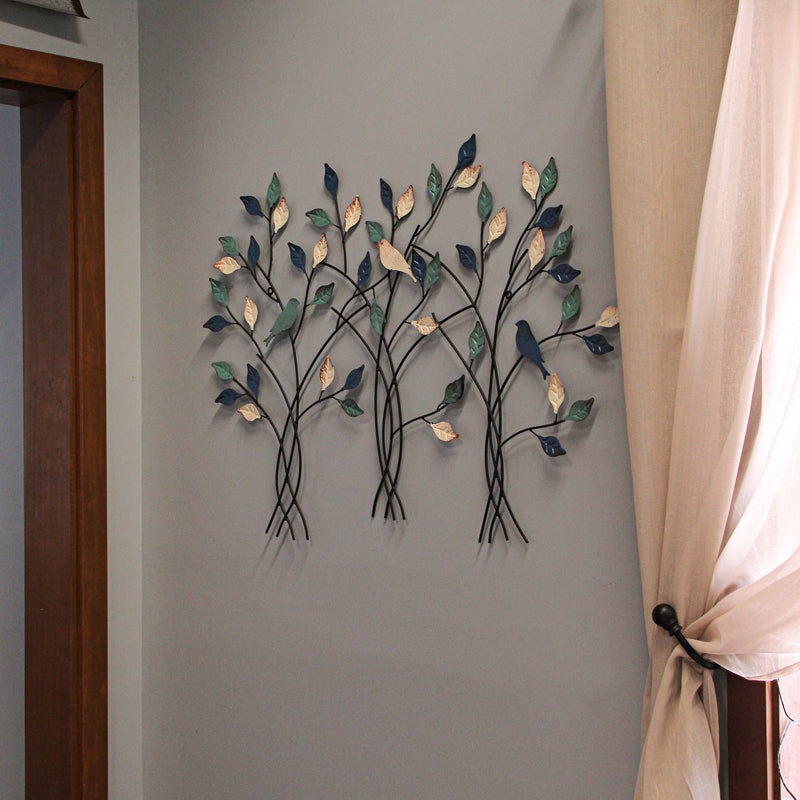 32-Inch Blue, White, and Green Metal Tree Wall Sculpture - Easy Install - Nature-Inspired Art for Indoor and Outdoor Home