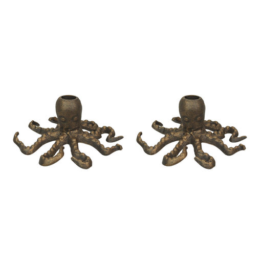 Elegant Set of 2 Cast Iron Octopus Taper Candle Holders in Antique Gold Finish – Coastal Nautical Beach Decor – 6" Diameter,