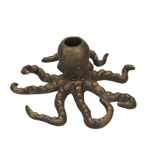 Elegant Set of 2 Cast Iron Octopus Taper Candle Holders in Antique Gold Finish – Coastal Nautical Beach Decor – 6" Diameter,