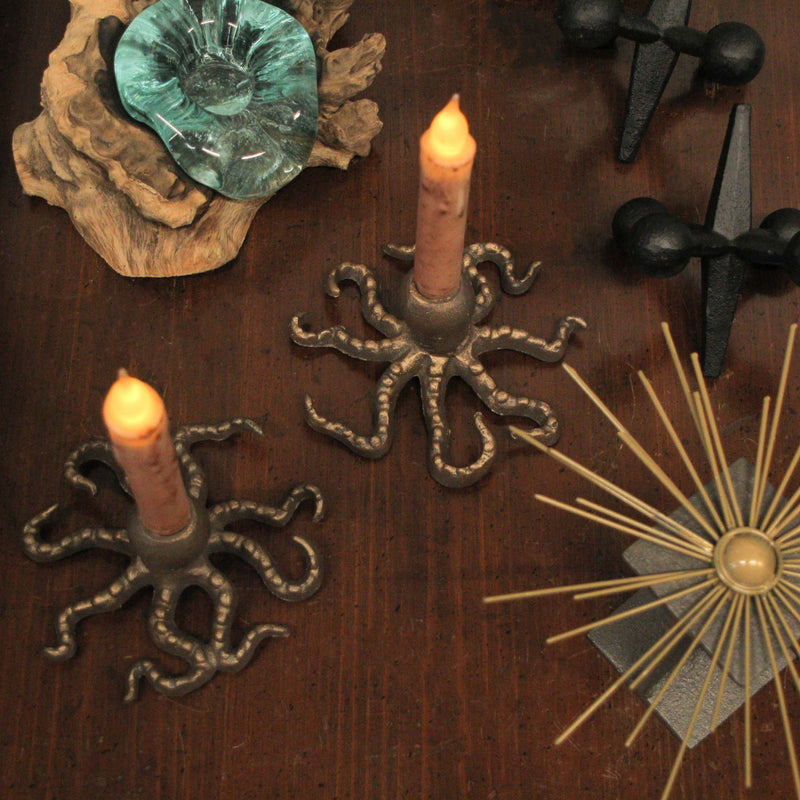 Elegant Set of 2 Cast Iron Octopus Taper Candle Holders in Antique Gold Finish – Coastal Nautical Beach Decor – 6" Diameter,