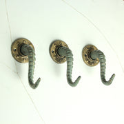 Set of 3 Verdigris Bronze Cast Iron Octopus Tentacle Wall Hooks: Nautical Key Hangers, 4.5 Inches High - Easy to Install -