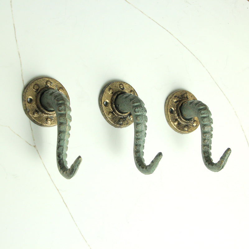 Set of 3 Verdigris Bronze Cast Iron Octopus Tentacle Wall Hooks: Nautical Key Hangers, 4.5 Inches High - Easy to Install -