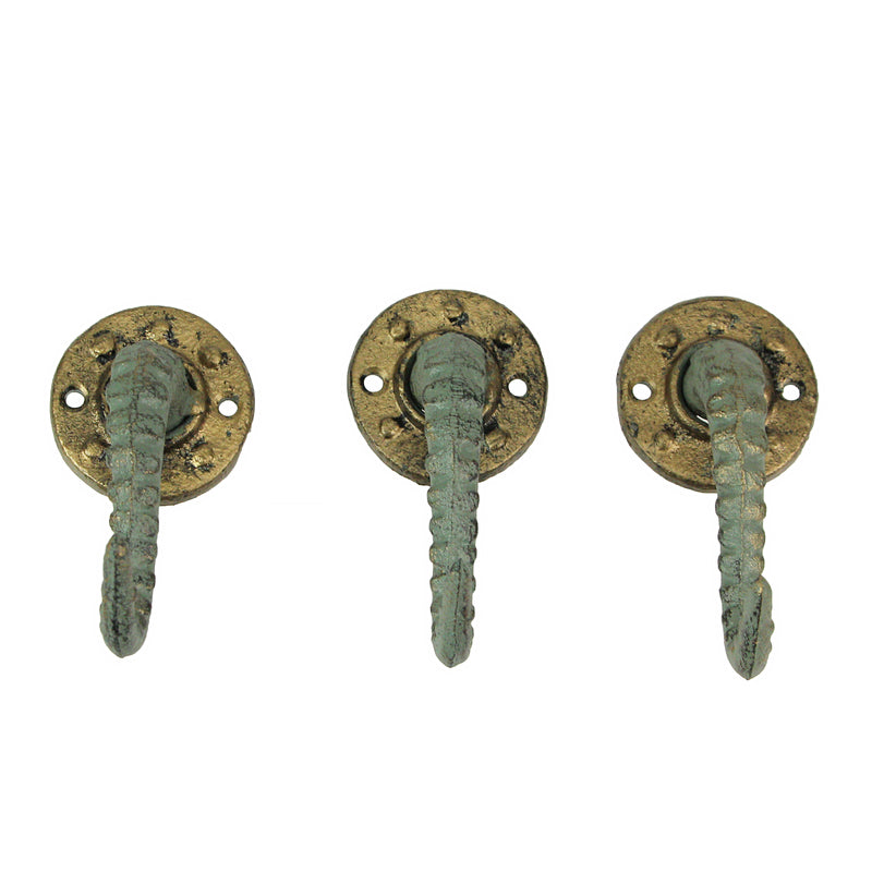 Set of 3 Verdigris Bronze Cast Iron Octopus Tentacle Wall Hooks: Nautical Key Hangers, 4.5 Inches High - Easy to Install -