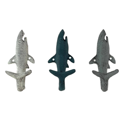 Set of 3 Shark Wall Hooks, 5.25 Inch Blue Gray White Cast Iron Image 1