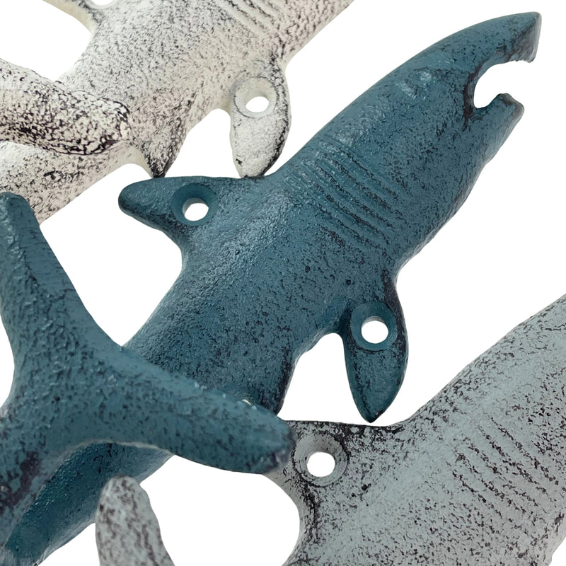Set of 3 Shark Wall Hooks, 5.25 Inch Blue Gray White Cast Iron Image 3