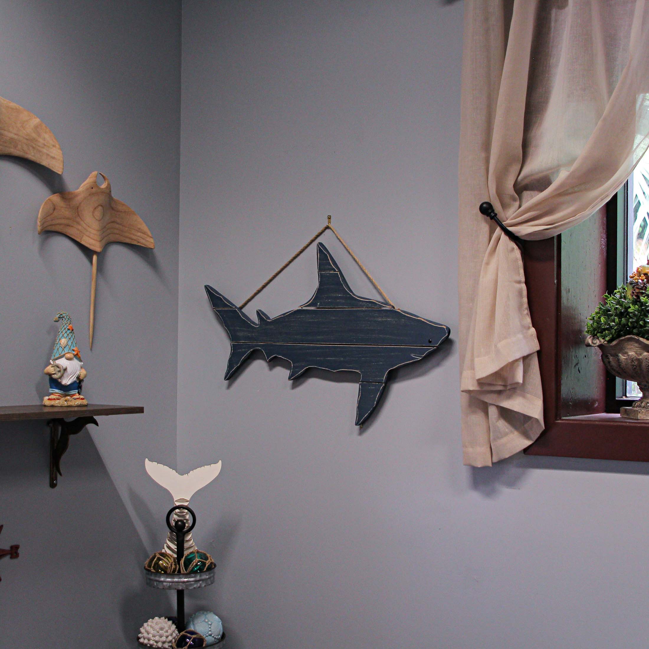 31-Inch Long Ocean Blue Carved Wood Shark Silhouette Wall — Zeckos