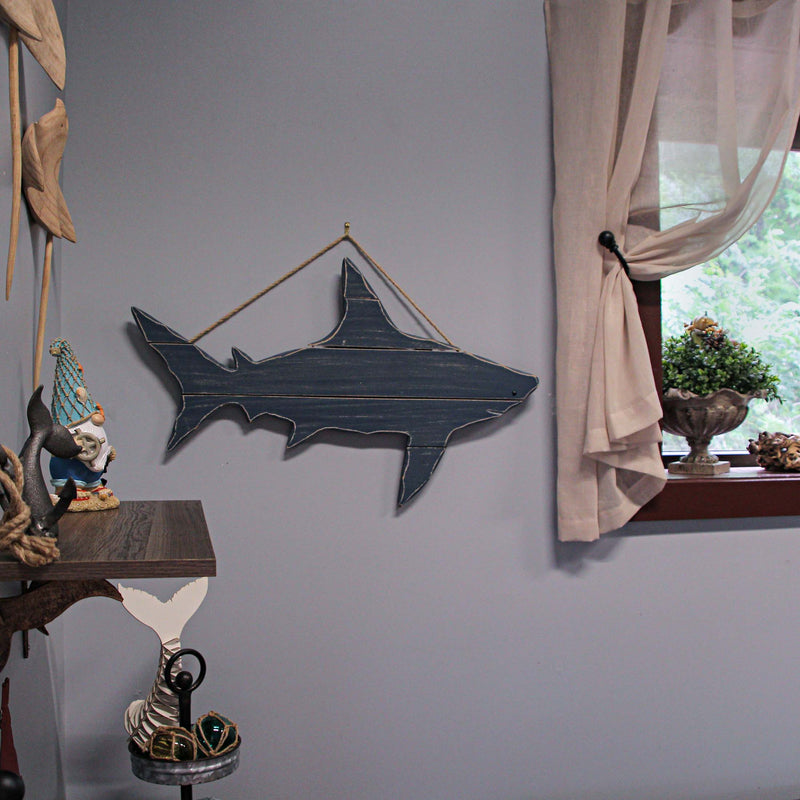 31-Inch Long Ocean Blue Carved Wood Shark Silhouette Wall Hanging Decor - A Captivating Nautical Accent Sculpture Infusing