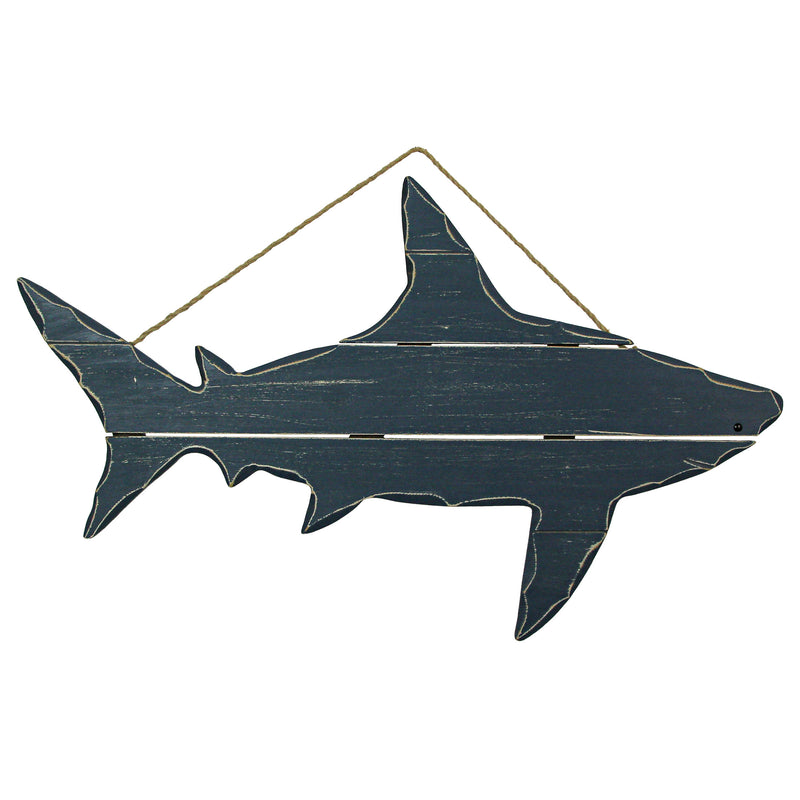 31-Inch Long Ocean Blue Carved Wood Shark Silhouette Wall Hanging Decor - A Captivating Nautical Accent Sculpture Infusing