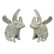 Set of 2 Distressed White Cast Iron Flying Pig Bookends - Rustic Country Decorative Accents - Great for Bedrooms, Kitchen,