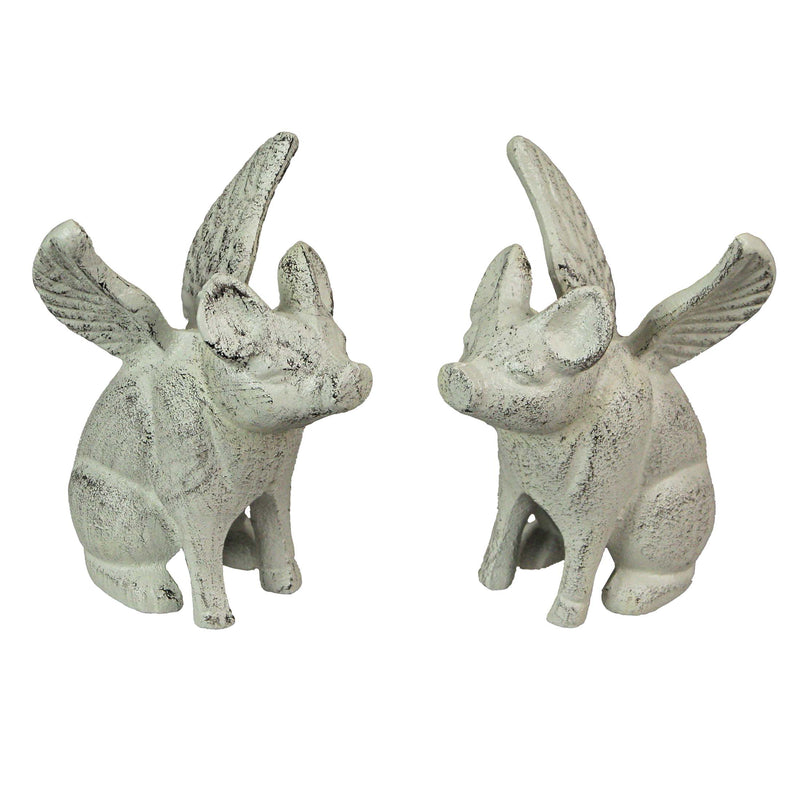 Set of 2 Distressed White Cast Iron Flying Pig Bookends - Rustic Country Decorative Accents - Great for Bedrooms, Kitchen,