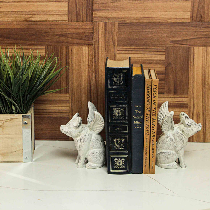 Set of 2 Distressed White Cast Iron Flying Pig Bookends - Rustic Country Decorative Accents - Great for Bedrooms, Kitchen,