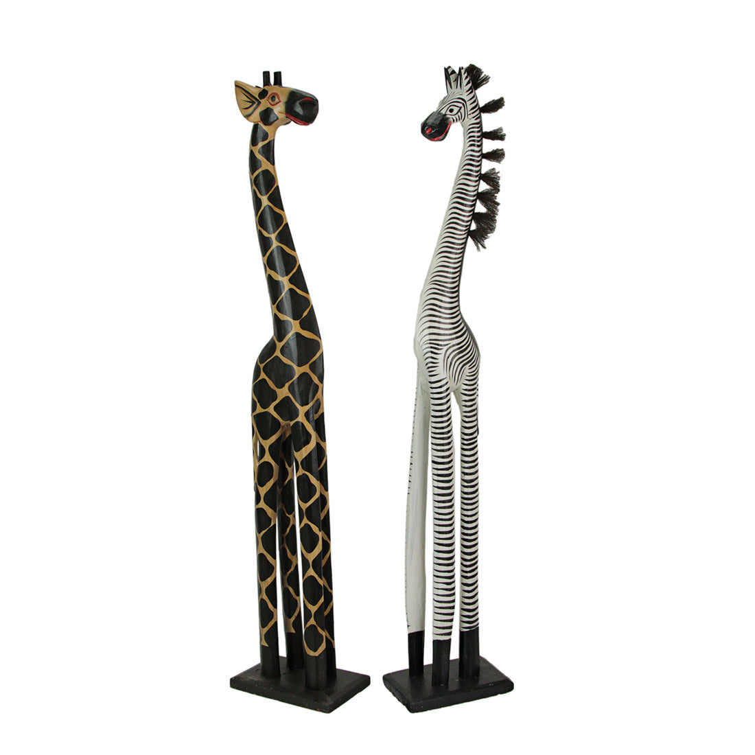 Hand Carved and Painted 36 Inch High Wooden Giraffe and Zebra