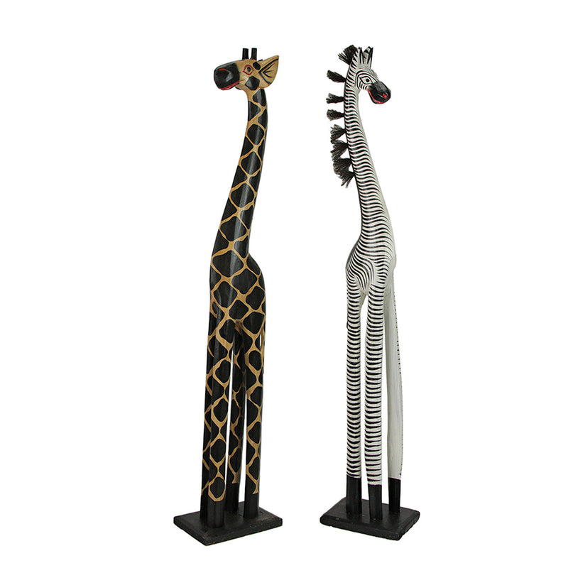Giraffe and Zebra - Image 2 - Set of 2 Hand Carved and Painted 36 Inch High Wooden Giraffe and Zebra Floor Statues - Artisan