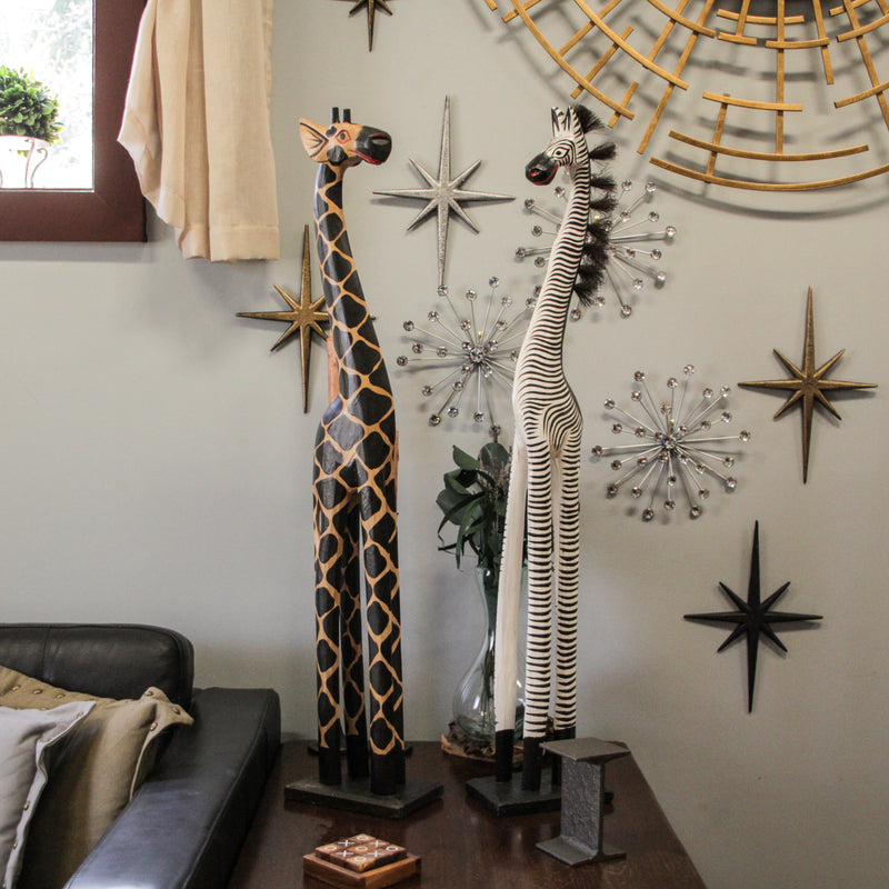 Giraffe and Zebra - Image 4 - Set of 2 Wood Safari Animal Sculpture Statues, 36 Inch Giraffe and Zebra