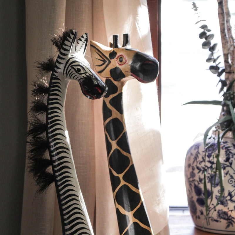 Giraffe and Zebra - Image 5 - Set of 2 Hand Carved and Painted 36 Inch High Wooden Giraffe and Zebra Floor Statues - Artisan