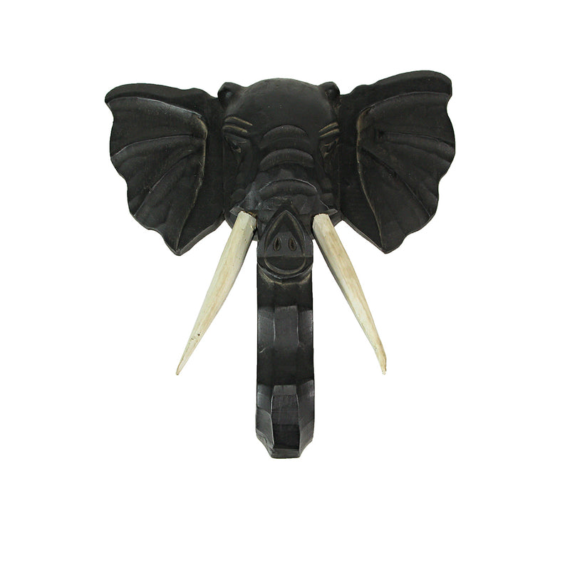 Hand-Carved Black Wood Elephant Head Wall Hanging Sculpture: A Majestic 12-Inch High Safari Art Piece, Meticulously Crafted