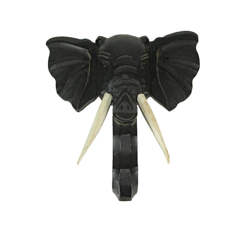 Hand Carved 12 Inch Black Elephant Head Wooden Wall Décor Hanging Sculpture Safari Art Image 2