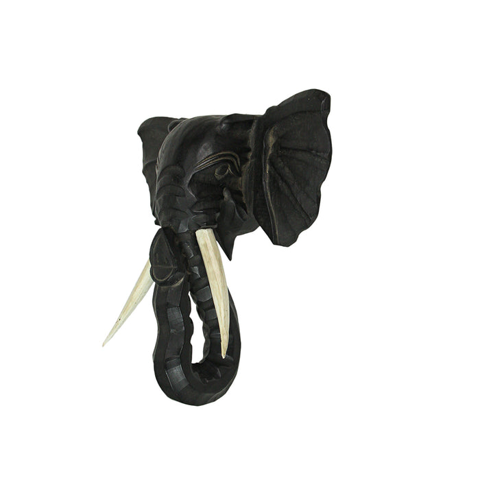 Hand-Carved Black Wood Elephant Head Wall Hanging Sculpture: A Majestic 12-Inch High Safari Art Piece, Meticulously Crafted