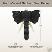 Elephant Head Wall Sculpture, 12 Inch Hand-Carved Black Wood Image 4