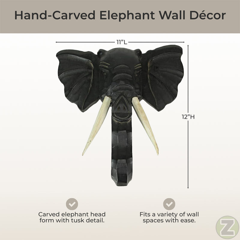 Elephant Head Wall Sculpture, 12 Inch Hand-Carved Black Wood Image 4