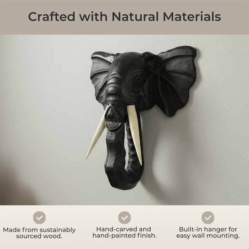 Elephant Head Wall Sculpture, 12 Inch Hand-Carved Black Wood Image 6