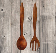 Set of 2 Hand-Carved Wooden Fork & Spoon Wall Decor Pieces - 23.75 Inches High - Modern Minimalist Elegance - Perfect for