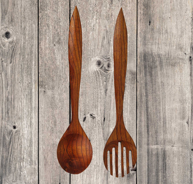 Set of 2 Hand-Carved Wooden Fork & Spoon Wall Decor Pieces - 23.75 Inches High - Modern Minimalist Elegance - Perfect for